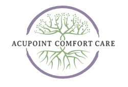 purple circle with green trees above and below acupoint comfort care words